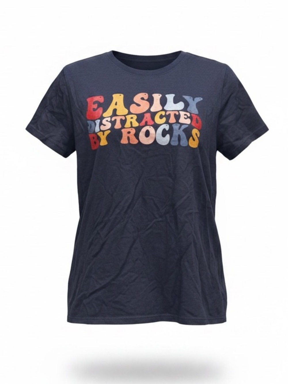 Easily Distracted By Rocks Tee - Navy with Multicolor Lettering Medium NWOT